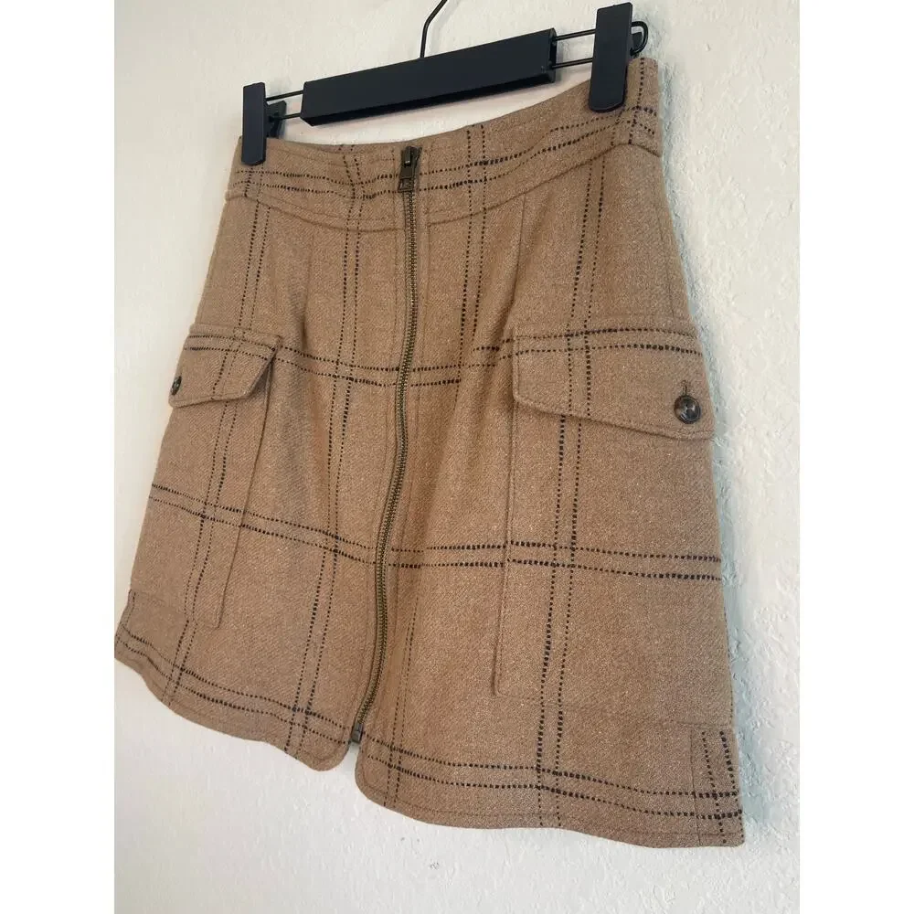 Madewell Zip-Front Mini Skirt in Windowpane Camel Wool Blend Women’s - Size 00